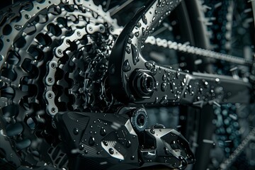 bicycle parts on a black background. stars and connecting rods. Steering wheel. nuts close-up