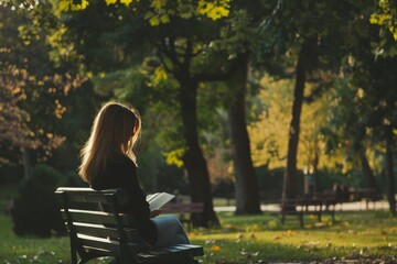 Silhouetted against the setting sun, a woman is engrossed in reading a book on a wooden bench in a peaceful park