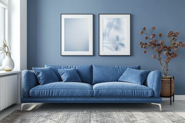 Cozy Blue Living Room with Stylish Sofa and Artistic Poster
