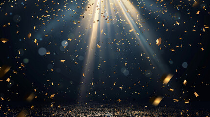Luxurious background with golden confetti and spotlights ideal for product reveals or celebrations