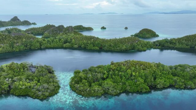 Early morning light illuminates the beautiful limestone islands of Pef in Raja Ampat, Indonesia. This remote, tropical region is known to harbor the world's greatest marine biodiversity.