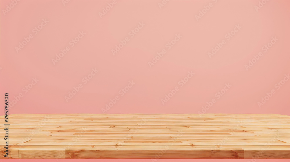 Poster Smooth pastel pink background on empty wood table surface ideal for product display
