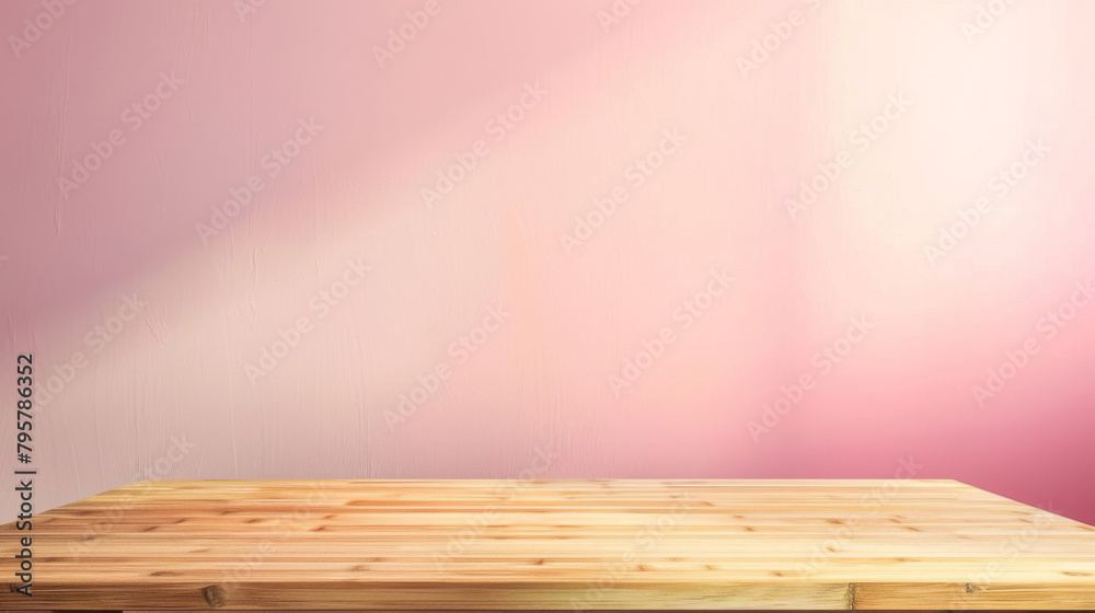 Aufkleber wooden tabletop set against a soft pink gradient background, ideal for displaying products