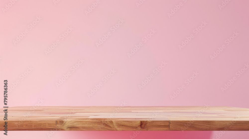 Aufkleber empty pine wood shelf on a smooth pastel pink backdrop for product display