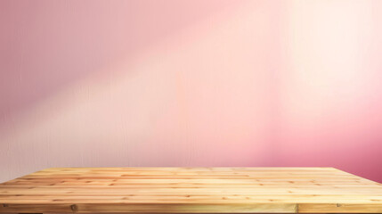 Wooden tabletop set against a soft pink gradient background, ideal for displaying products