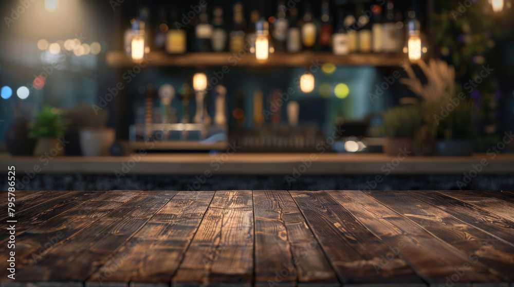 Poster empty, rustic wood bar top with a blurred backdrop of bottles and lights