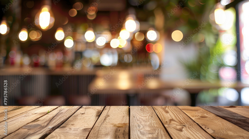 Aufkleber empty wooden table with a defocused bar scene, ideal for product placement and presentations
