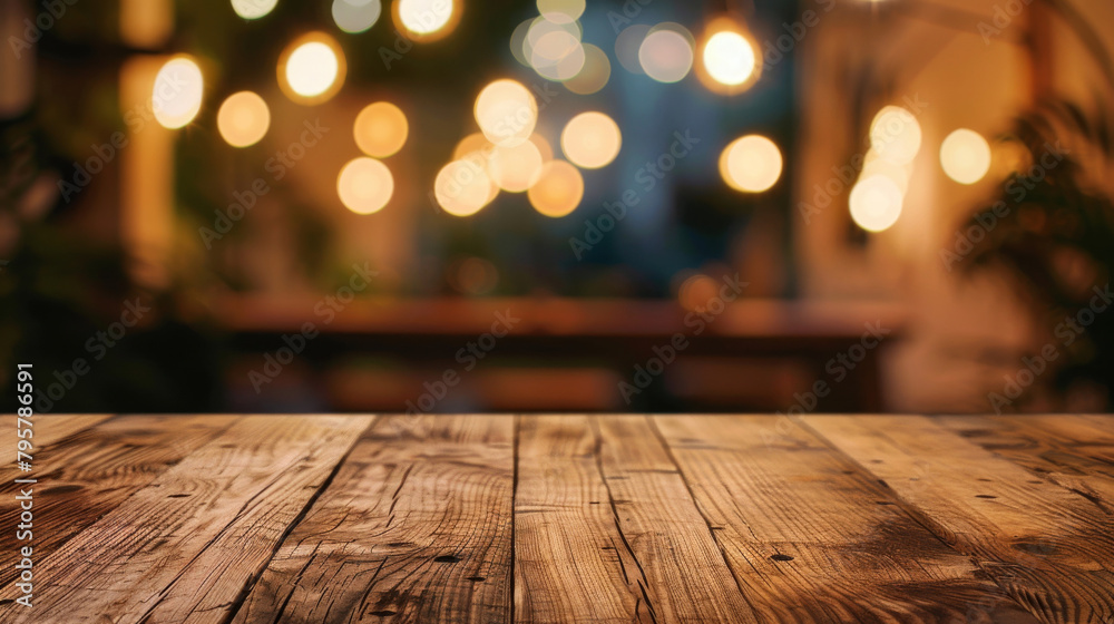 Poster rustic wood surface with warm bokeh lighting, ideal for product displays