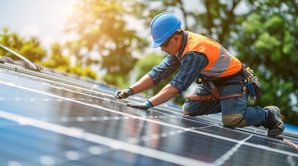 a man in a hard hat working on a solar panel