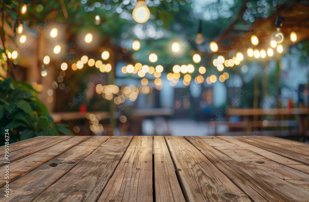 Aufkleber festive cafe ambiance in the bokeh background of an empty wood table top