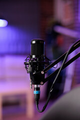 Close up shot of podcast microphone used to record conversations for internet livestreaming show....