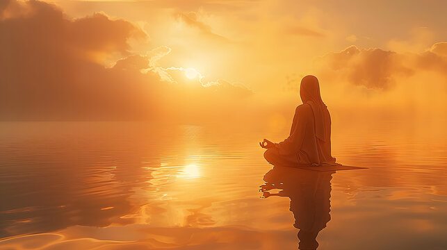 A spiritual guru meditates on a serene misty lake, embraced by the warm glow of a rising sun, radiating peace and reflection