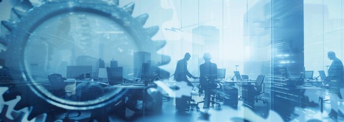 abstract double exposure of digital gears and business people working in the office, blue color theme with empty space on the right side, in the style of copy space on right side Generative AI