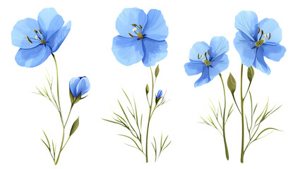  Set of blue flower flax isolated on a white background