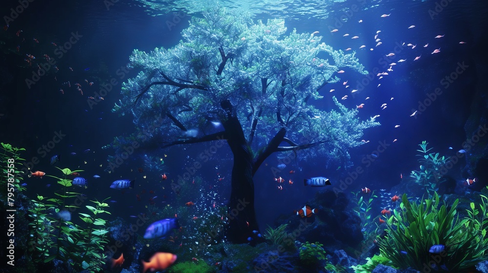 Wall mural Tree swims in aquarium, surreal impression. Aquatic plants sway, fish swim around branches. Soft blue light creates otherworldly ambiance. 🌳🐠🌊