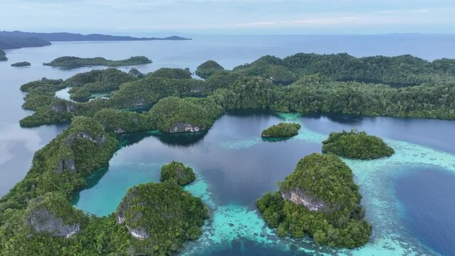 Early morning light illuminates the beautiful limestone islands of Pef in Raja Ampat, Indonesia. This remote, tropical region is known to harbor the world's greatest marine biodiversity.