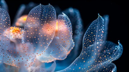 A closeup of the transparent jellyfish tentacles, each petal with tiny beads that glow in shades of orange and blue against an isolated black background.