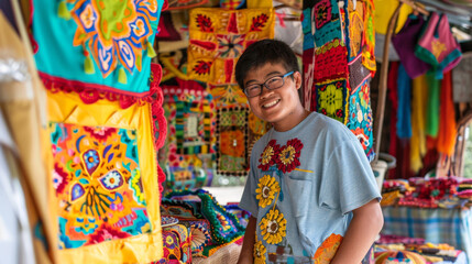 Obraz premium Young man with down syndrome happily explores a bustling textile market