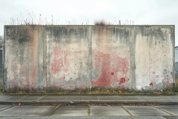Dilapidated concrete wall with red paint streaks