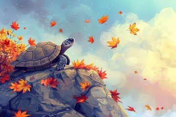 A serene turtle takes deep breaths atop a tranquil mountain