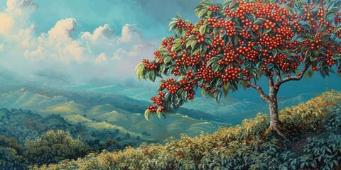 Coffee tree with red berries on hillside. Digital painting. 🌿☕ #NatureArt