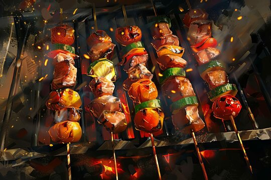 meat and vegetable skewers being grilled over open fire outdoor barbecue food digital painting 7
