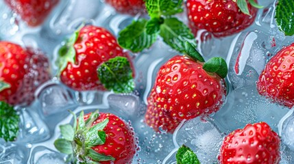 beautiful juicy strawberry berries and green mint leaves in ice water close-up top view