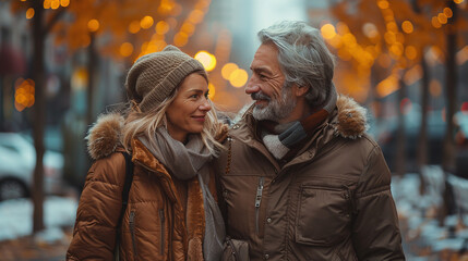 mid-aged caucasian couple in winter, walking in the park