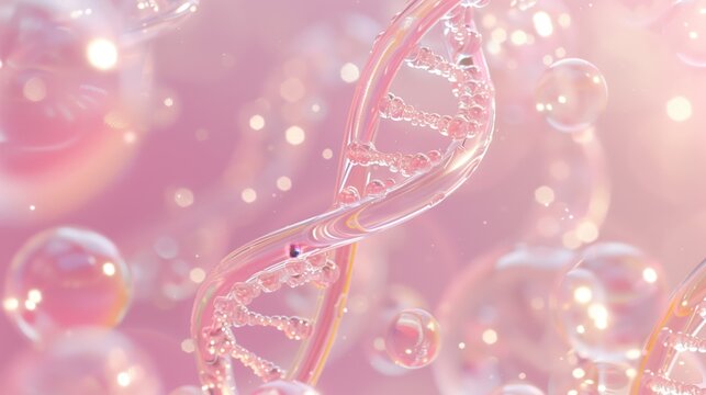 A transparent DNA model with a helix and small bubbles floating in a light pink background.