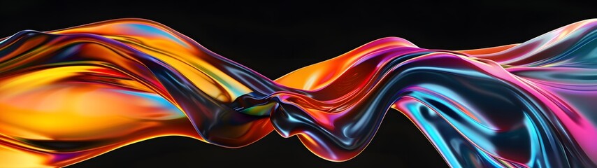 Vibrant Colorful Abstract Silk Fabric Wave on Black, ilk fabric flows gracefully against a stark black background, wide banner.