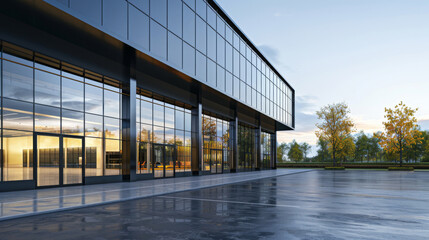 Elegant exterior of a contemporary office building bathed in the warm glow of the setting sun