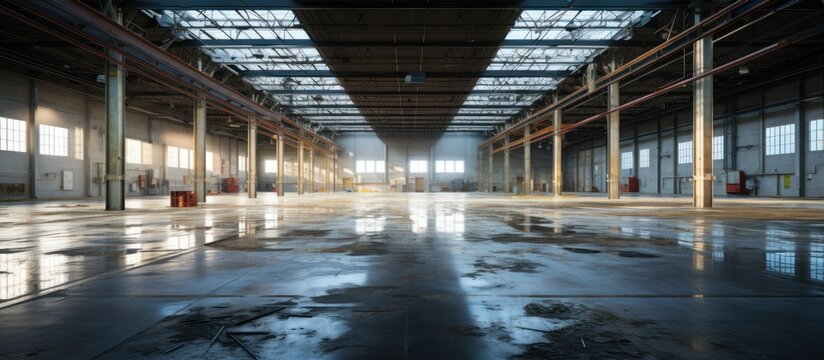 Abandoned industrial interior of a large industrial building, panorama