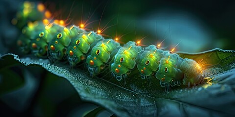 A 3D render of a vibrant green caterpillar crawling along a lush green leaf. The scene is bathed in warm orange light, creating a serene and organic feel. This play of colors brings the caterpillar's