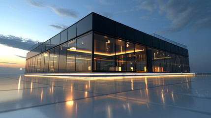 Sleek glass office building reflects the warm hues of the sunset