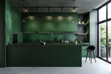 Contemporary modern kitchen interior in dark green colors and concrete elements.