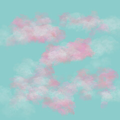 Fototapeta na wymiar fondo turquesa , celeste, con textura de nubes rosadas, blancas, cielo, expansión de nubes, web, redes, digital, 