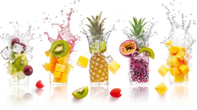 Different fruits: pineapple, kiwi, mangosteen, passion fruit and mango in ice cubes and water splashes isolated on white background. Composite image for package design.