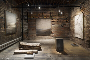Minimalist art installations displayed against rustic brick walls, inviting contemplation and reflection.