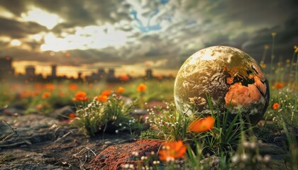 A beautiful photo of a realistic 3D rendering of the Earth sitting in a field of flowers with a sunset in the background. - obrazy, fototapety, plakaty