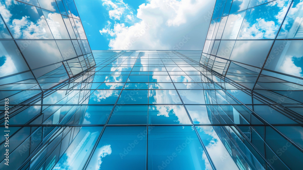 Poster Capturing the modern architecture of a towering glass building reflecting clouds