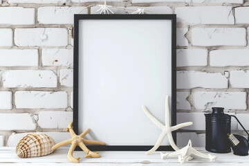 Minimalist empty black frame mockup with copy space and nautical accents on white brick backdrop