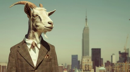 Goat in a Suit Against Urban Skyline