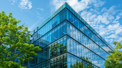 Contemporary glass office building with lush green trees and a clear blue sky