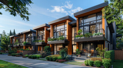 Modern townhouse development featuring chic design and lush outdoor areas