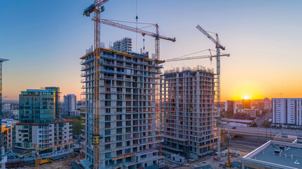 Construction of high-rise buildings with cranes against a colorful sunset sky