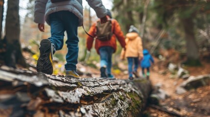 Group of kids walk over big log in the forest