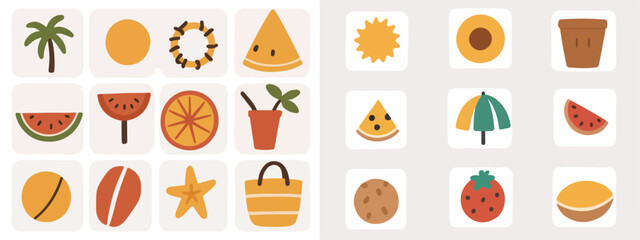 Fototapeta premium Fresh Summer Collection. Flat Illustrations of Fresh Fruits, Refreshing Beverages, and More!.