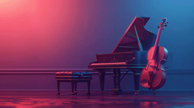 Illustration of two musical instruments a cello and a piano in a concert room ready for an audio visual performance