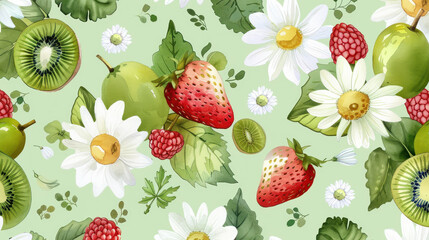 seamless pattern with fruits and flowers on pastel green background