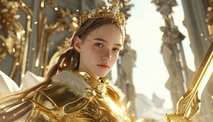 Female knight in radiant gold armor, standing confidently in a medieval setting ⚔️✨ Her gleaming armor reflects the sunlight, showcasing intricate designs that blend strength and beauty. A symbol of - obrazy, fototapety, plakaty